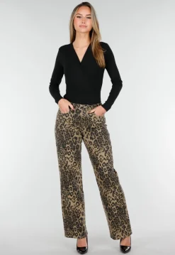 Bruine Luipaardprint Stretch Broek met Rechte Pijpen