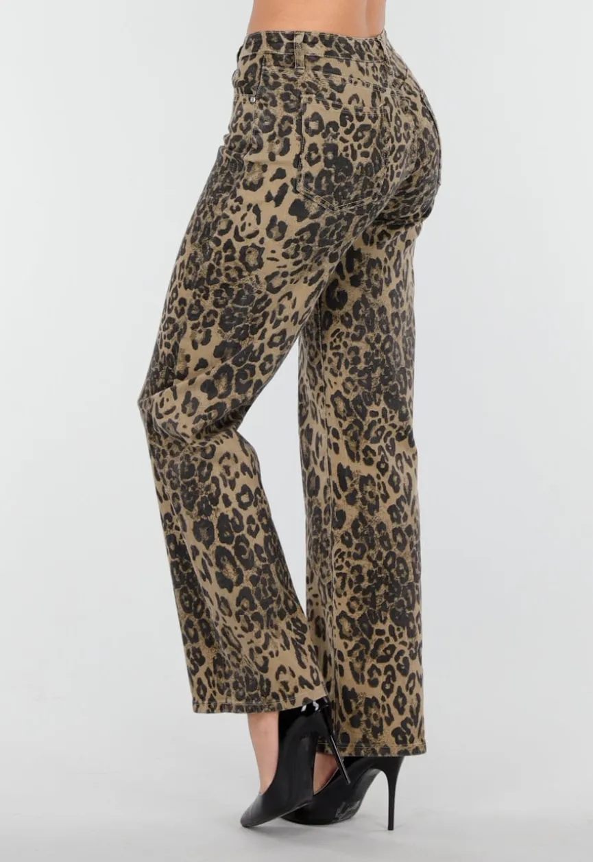 Bruine Luipaardprint Stretch Broek met Rechte Pijpen