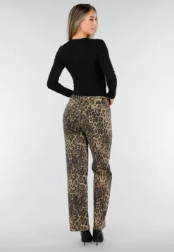 Bruine Luipaardprint Stretch Broek met Rechte Pijpen