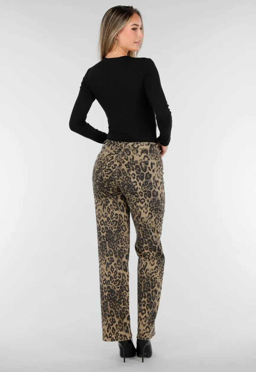 Bruine Luipaardprint Stretch Broek met Rechte Pijpen