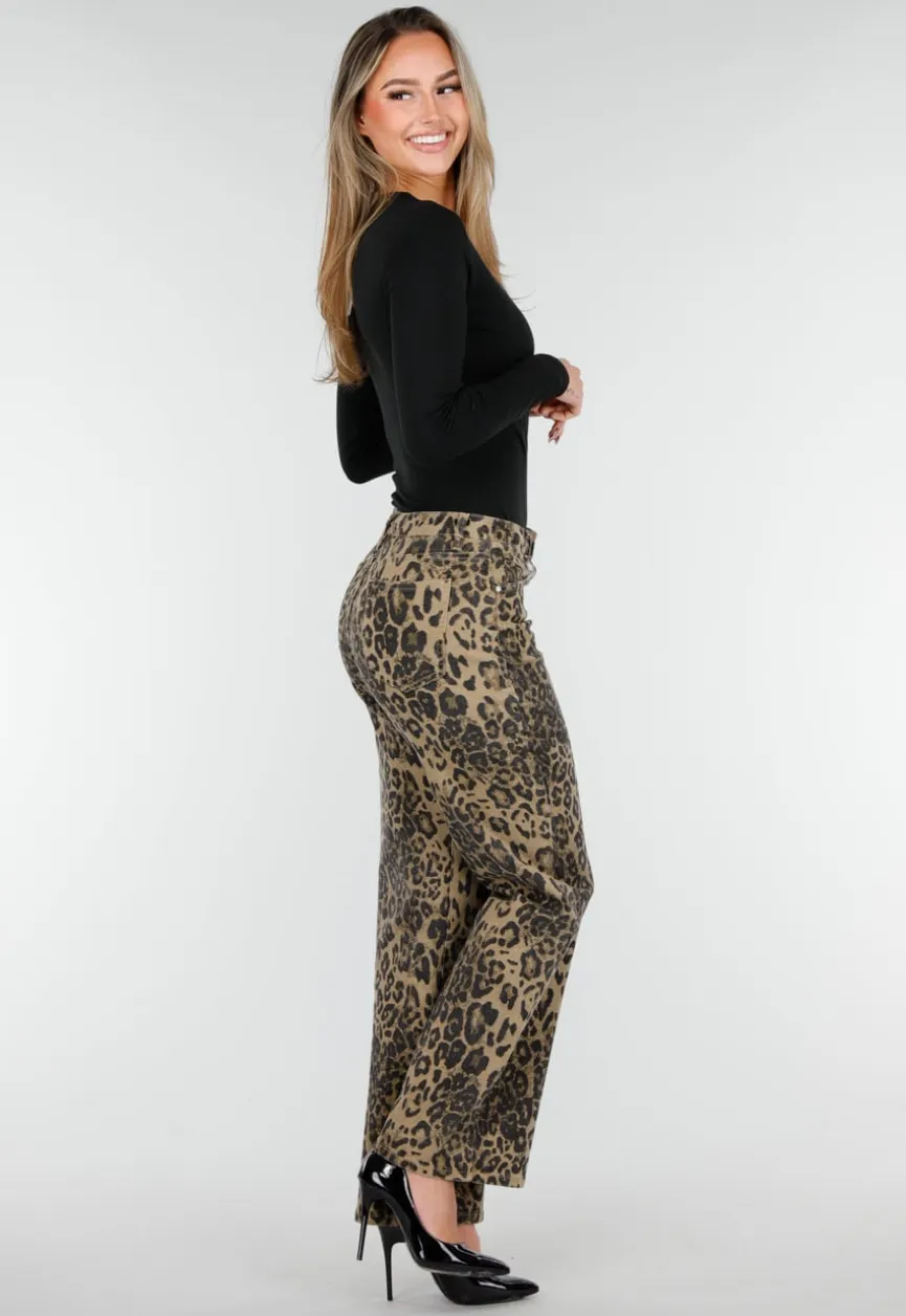 Bruine Luipaardprint Stretch Broek met Rechte Pijpen