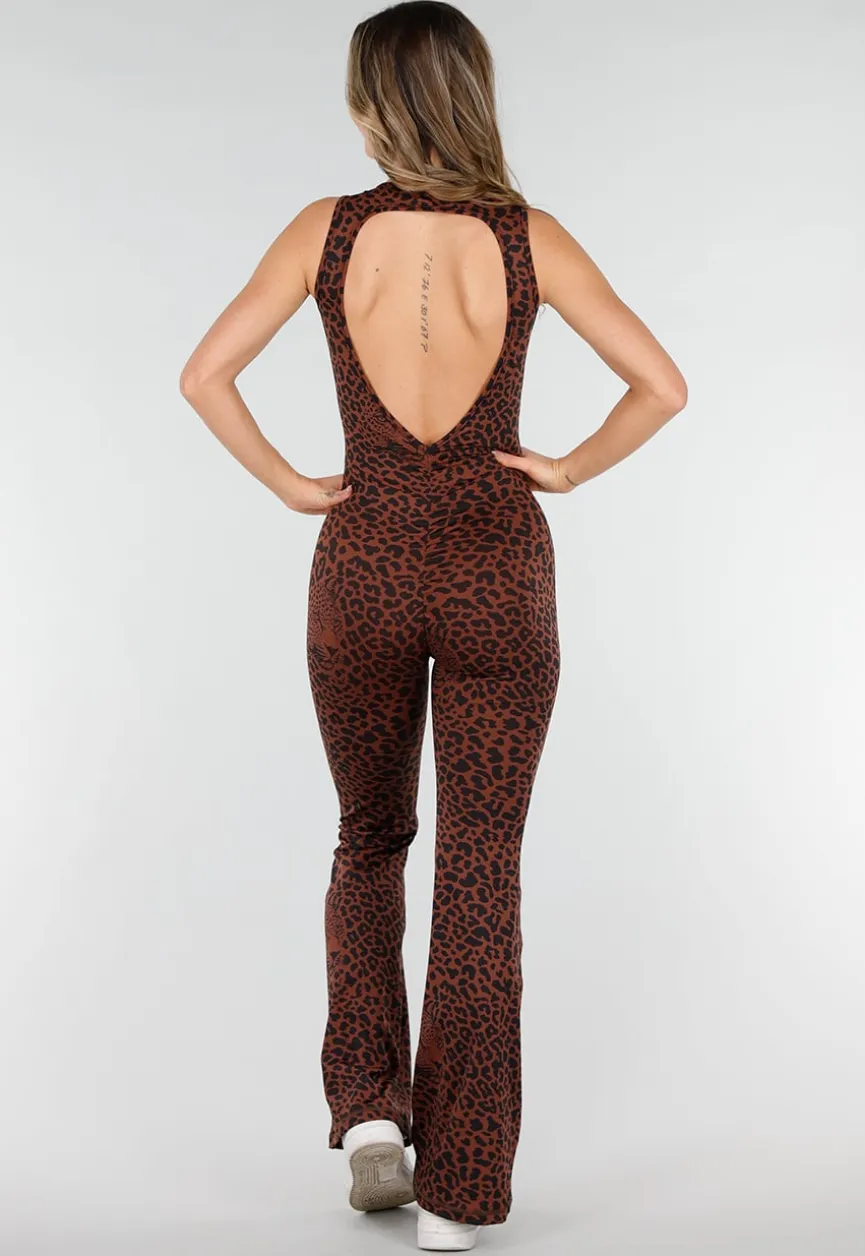 Bruine Luipaard Sportjumpsuit met Open Rug