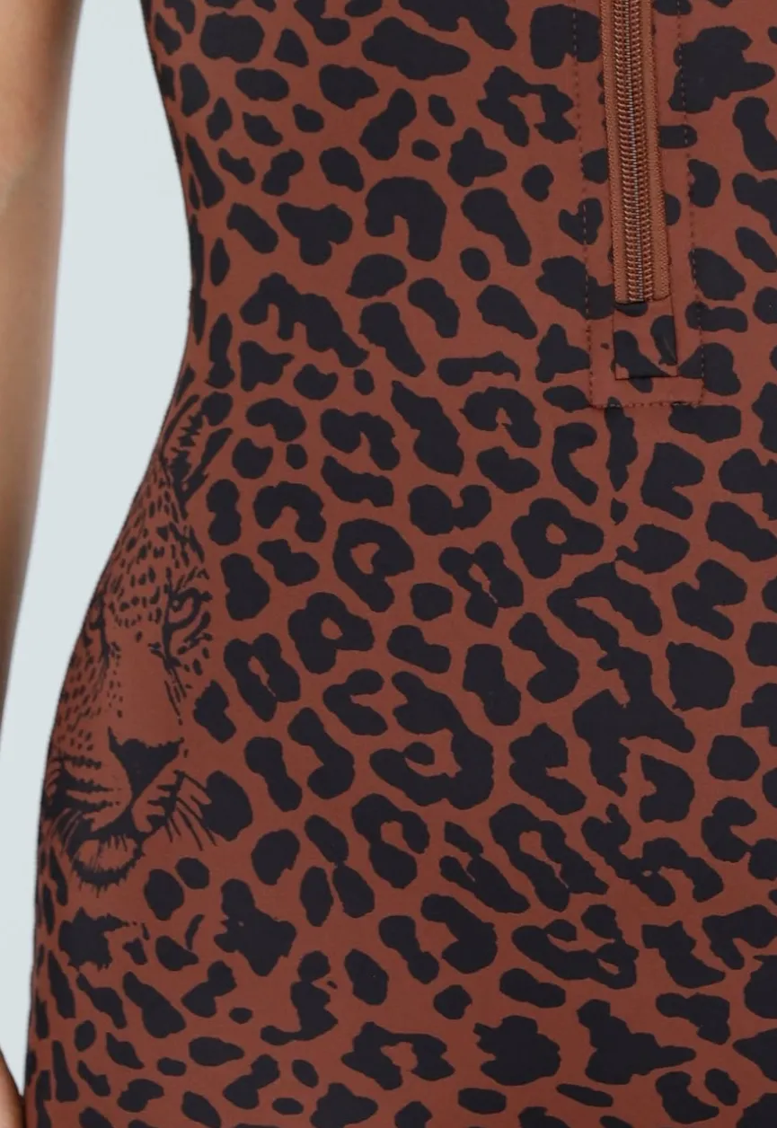 Bruine Luipaard Sportjumpsuit met Open Rug