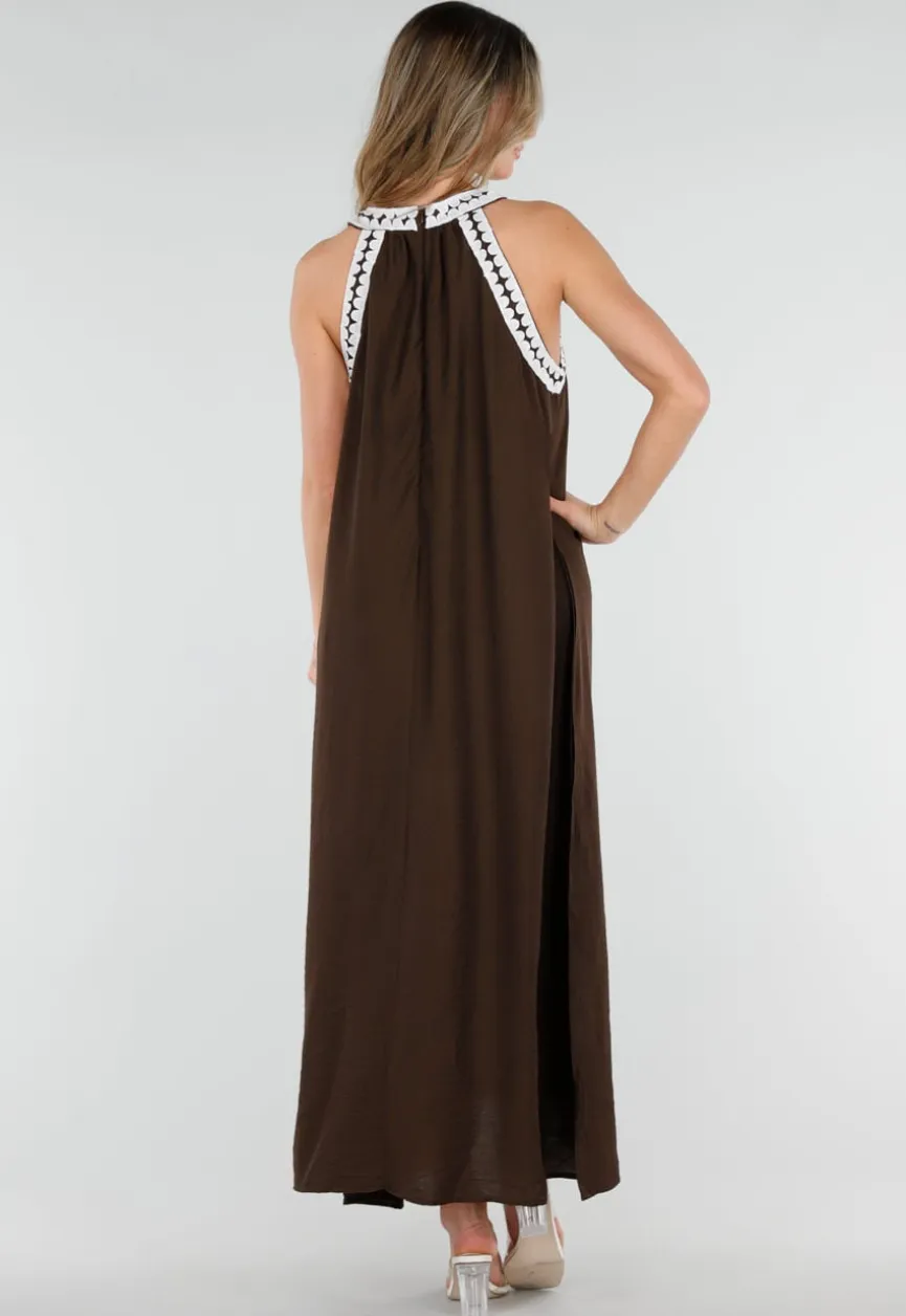 Bruine Maxi Halter Jurk met Witte Rand