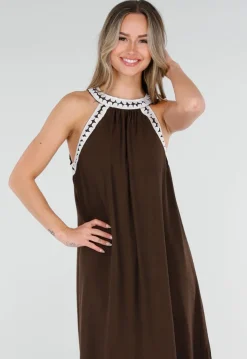 Bruine Maxi Halter Jurk met Witte Rand