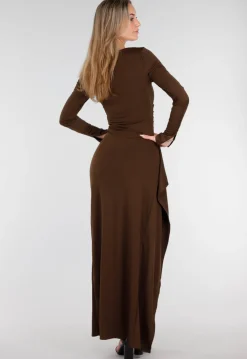 Bruine Maxi Jurk met Vierkante Hals en Split in Stretch