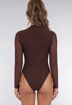 Bruine Mesh Body met Lange Mouwen en Gedrapeerde Hoge Hals