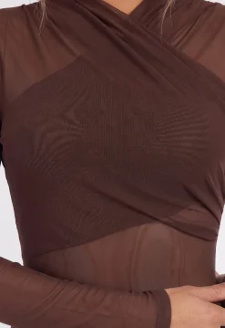Bruine Mesh Body met Lange Mouwen en Gedrapeerde Hoge Hals