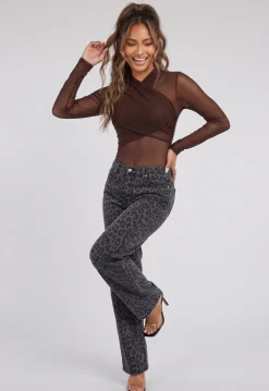 Bruine Mesh Body met Lange Mouwen en Gedrapeerde Hoge Hals