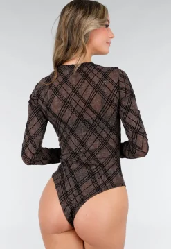 Bruine Mesh Body met Ruitprint en Lange Mouwen