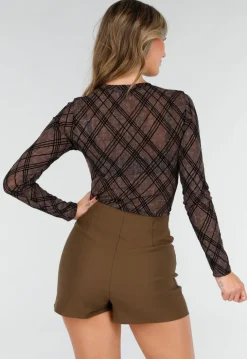 Bruine Mesh Body met Ruitprint en Lange Mouwen