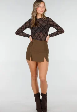 Bruine Mesh Body met Ruitprint en Lange Mouwen