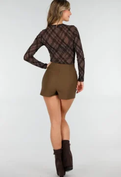 Bruine Mesh Body met Ruitprint en Lange Mouwen