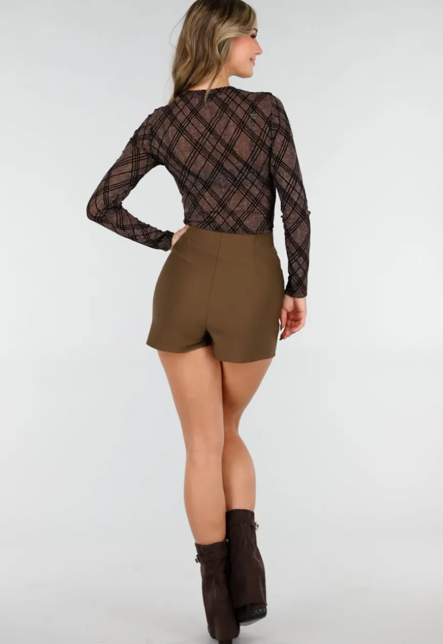 Bruine Mesh Body met Ruitprint en Lange Mouwen