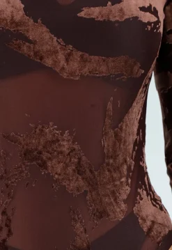 Bruine Mesh Bodysuit met Flocked Print
