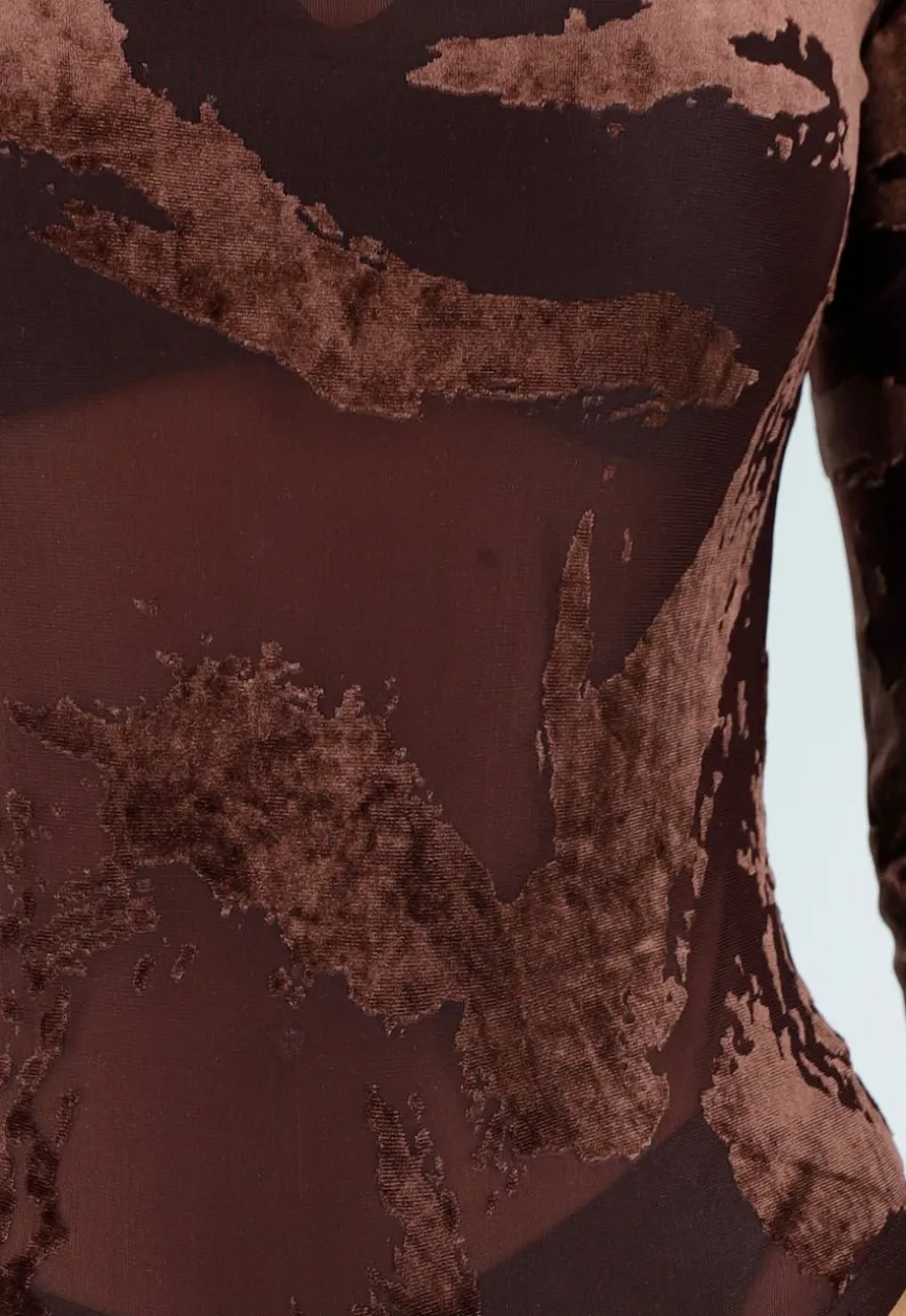 Bruine Mesh Bodysuit met Flocked Print