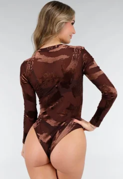 Bruine Mesh Bodysuit met Flocked Print