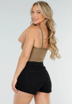 Bruine Mesh Crop Top met Kant, V-Hals en Pads
