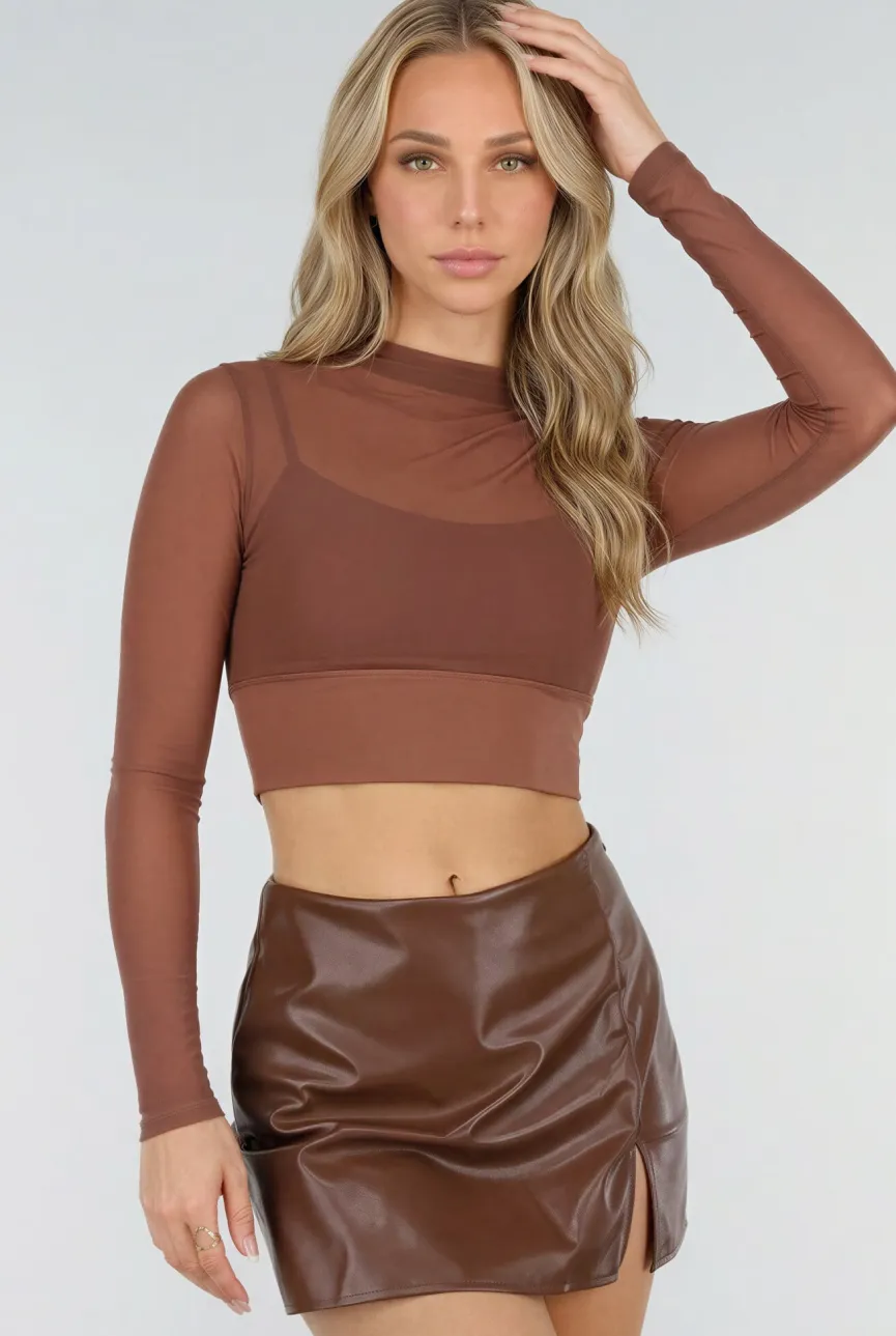 Bruine Mesh Crop Top met Stretch en Ingebouwde Pads