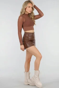 Bruine Mesh Crop Top met Stretch en Ingebouwde Pads