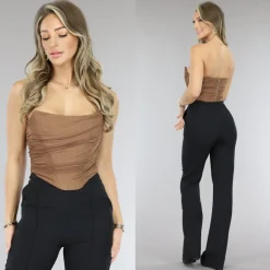 Bruine Mesh Korset Top met Gedrapeerd Detail