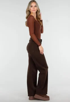 Bruine Mesh Top met Lange Mouwen en Hartvormige Halslijn