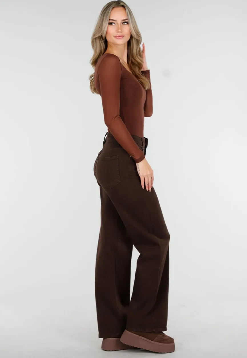 Bruine Mesh Top met Lange Mouwen en Hartvormige Halslijn
