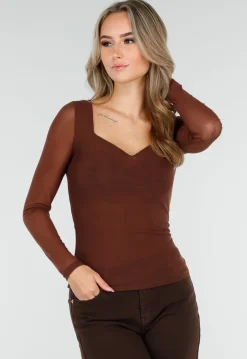 Bruine Mesh Top met Lange Mouwen en Hartvormige Halslijn