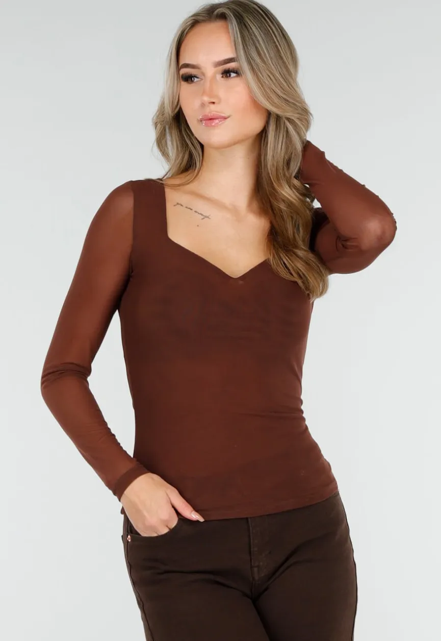 Bruine Mesh Top met Lange Mouwen en Hartvormige Halslijn