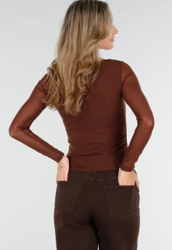 Bruine Mesh Top met Lange Mouwen en Hartvormige Halslijn