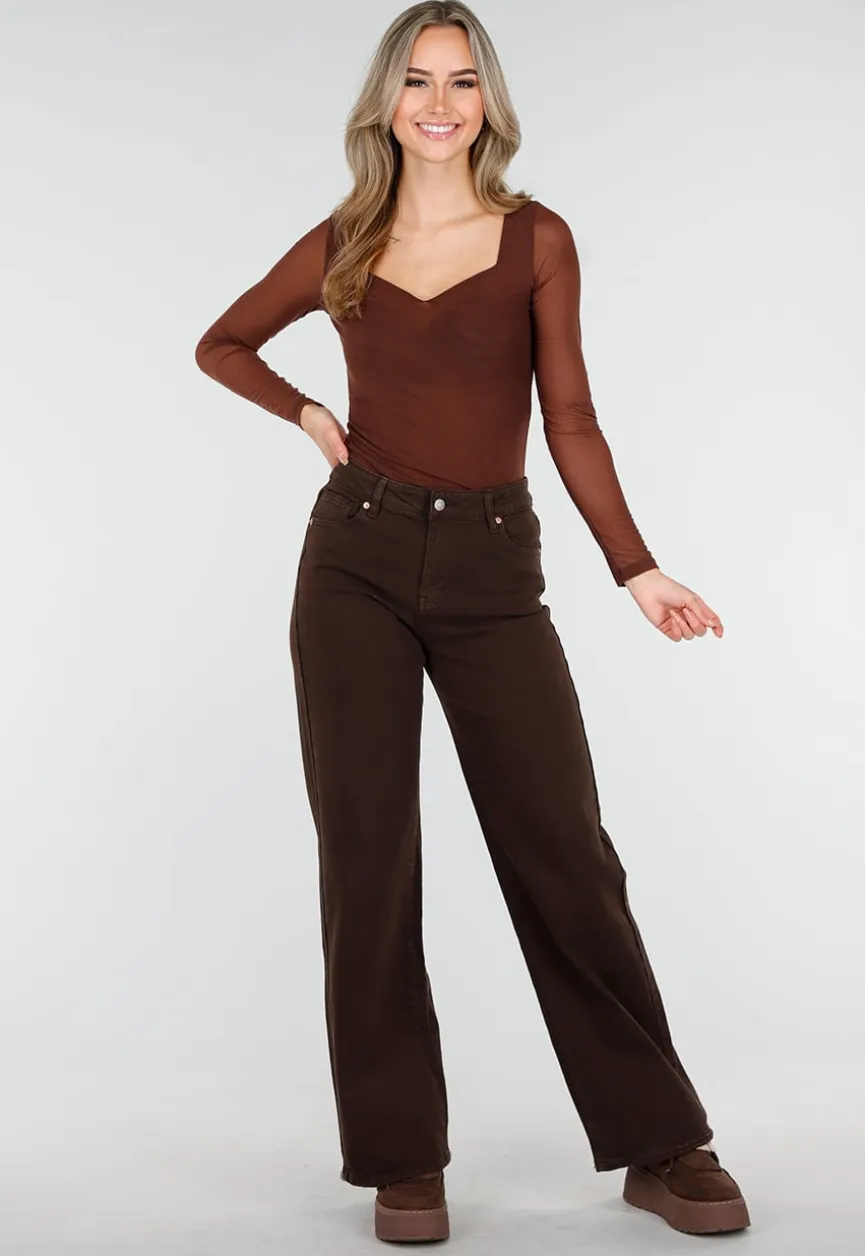 Bruine Mesh Top met Lange Mouwen en Hartvormige Halslijn
