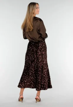 Bruine Midi Rok met All Over Pailletten en Subtiele Uitlopende Zoom