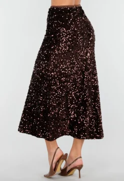 Bruine Midi Rok met All Over Pailletten en Subtiele Uitlopende Zoom