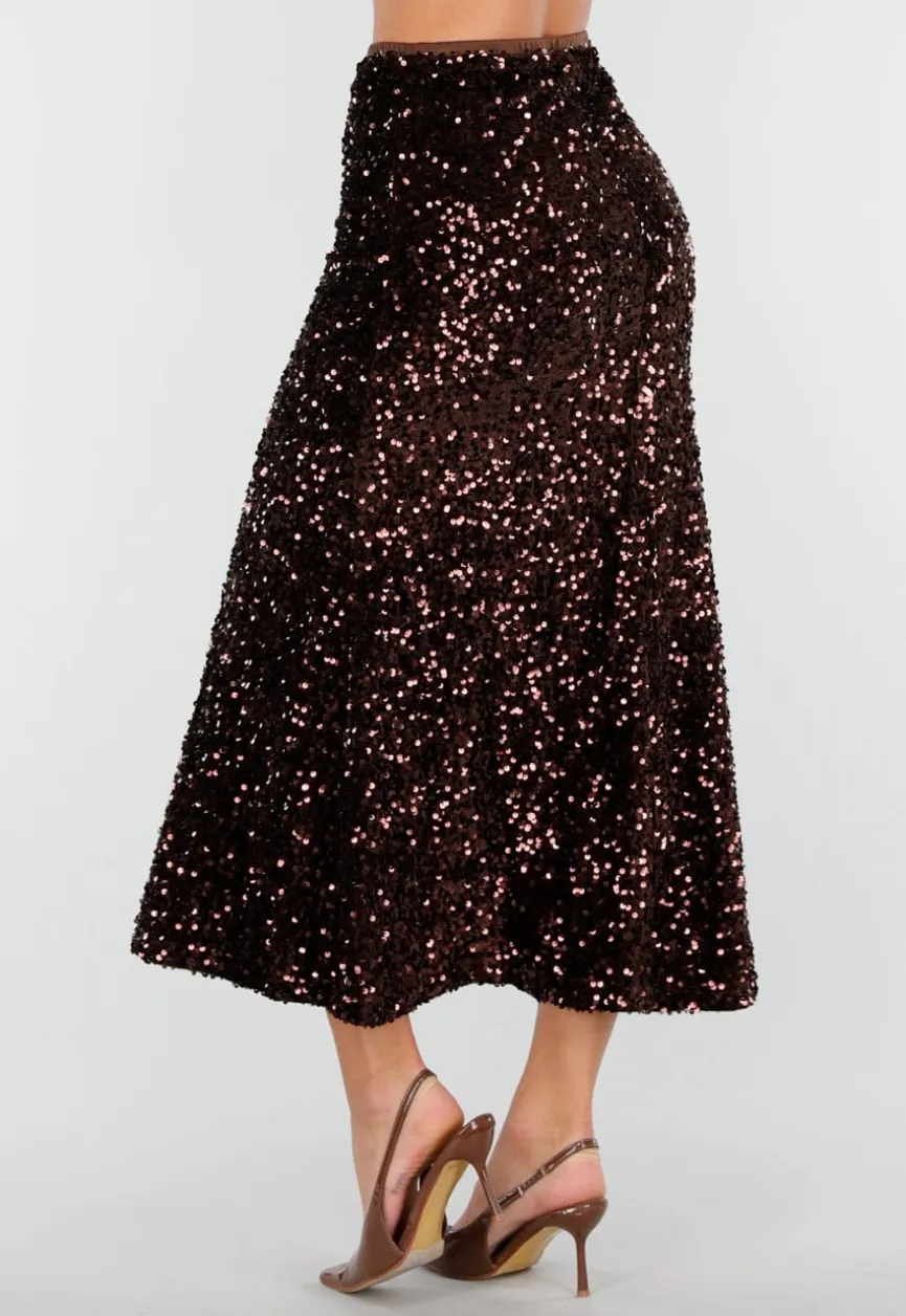Bruine Midi Rok met All Over Pailletten en Subtiele Uitlopende Zoom