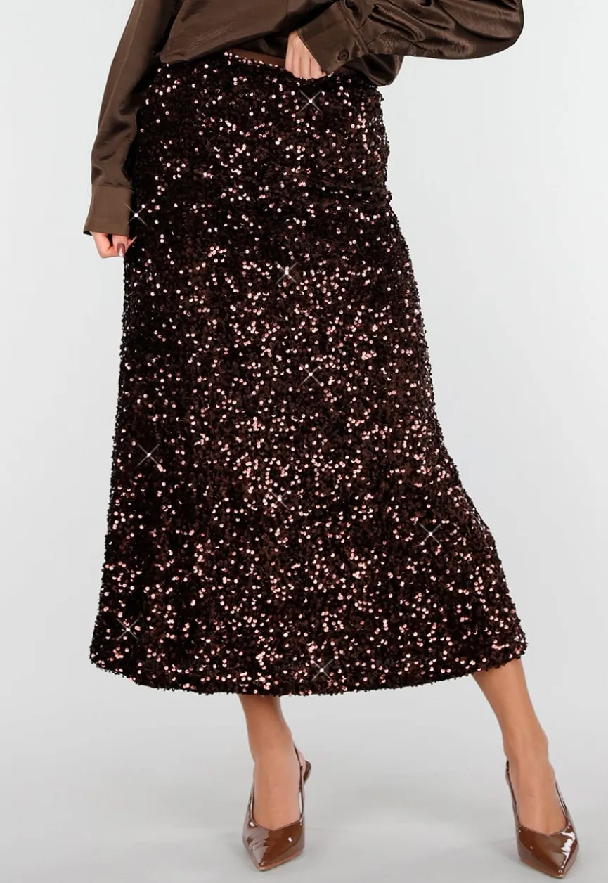 Bruine Midi Rok met All Over Pailletten en Subtiele Uitlopende Zoom
