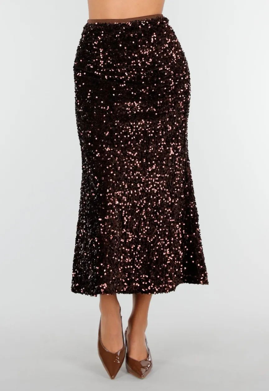 Bruine Midi Rok met All Over Pailletten en Subtiele Uitlopende Zoom