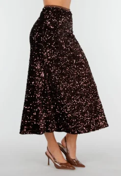 Bruine Midi Rok met All Over Pailletten en Subtiele Uitlopende Zoom