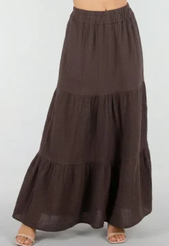 Bruine Mousseline Maxi Rok met Elastische Taille