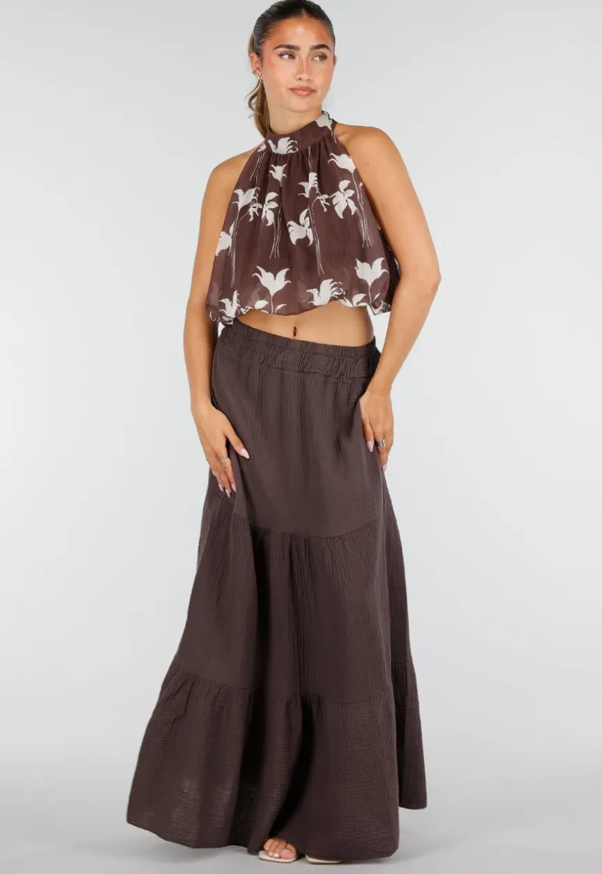 Bruine Mousseline Maxi Rok met Elastische Taille
