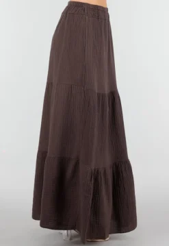 Bruine Mousseline Maxi Rok met Elastische Taille