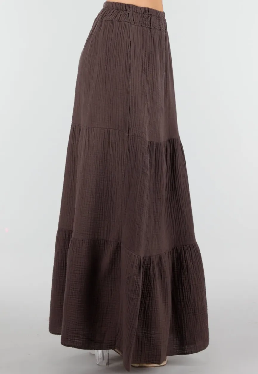 Bruine Mousseline Maxi Rok met Elastische Taille