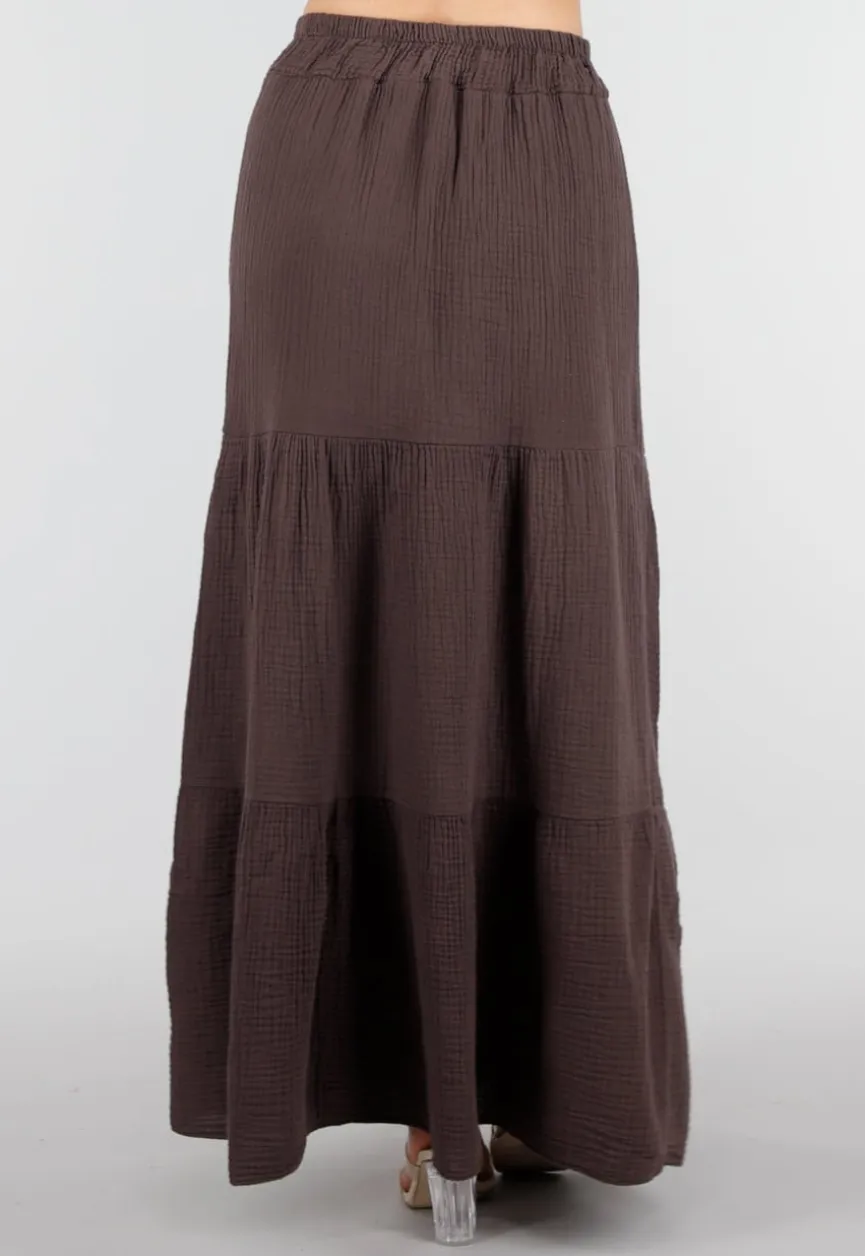 Bruine Mousseline Maxi Rok met Elastische Taille