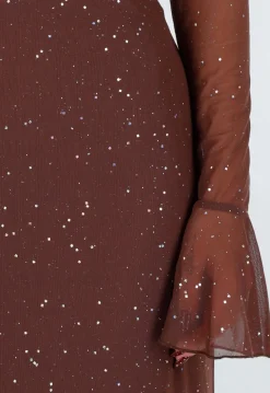 Bruine Off Shoulder Maxi Glitter Jurk met Lange Mouwen