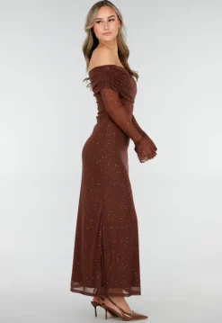 Bruine Off Shoulder Maxi Glitter Jurk met Lange Mouwen