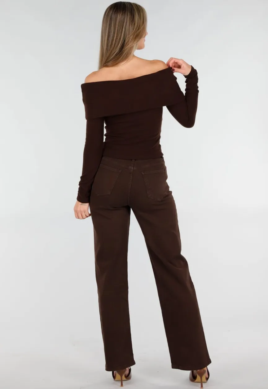 Bruine Off Shoulder Top met Lange Mouw
