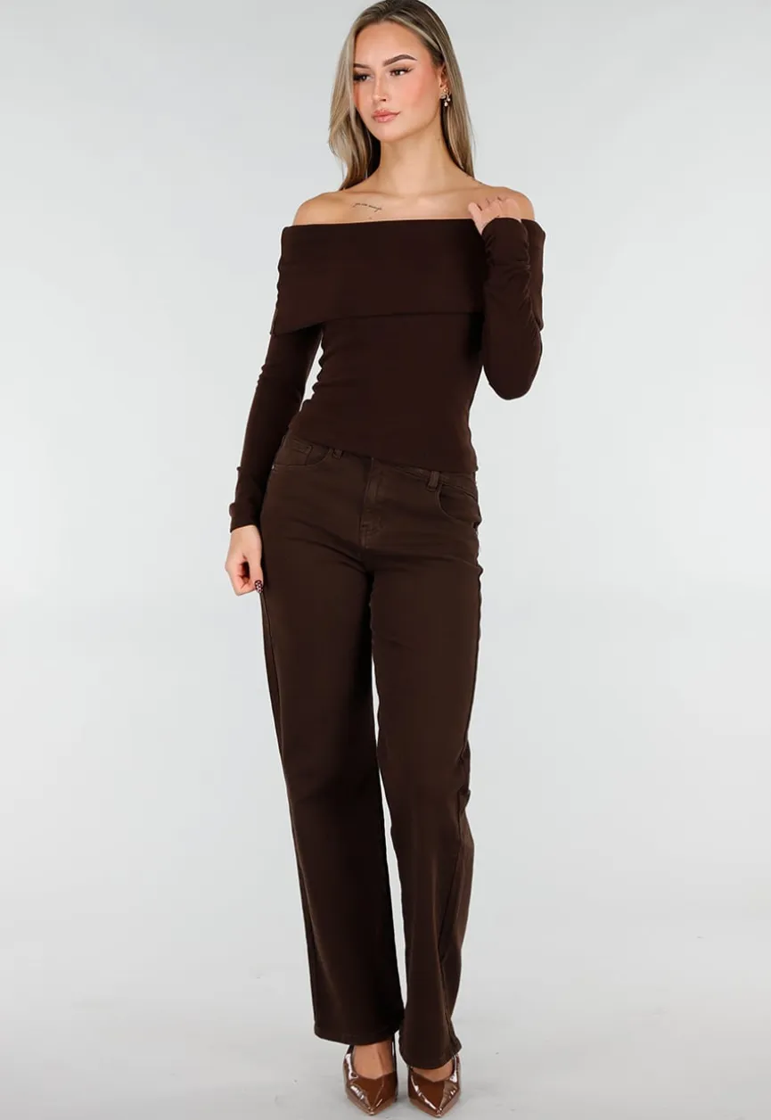 Bruine Off Shoulder Top met Lange Mouw