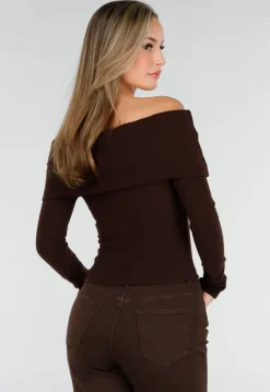 Bruine Off Shoulder Top met Lange Mouw
