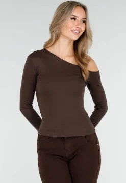 Bruine One Shoulder Top met Lange Mouwen