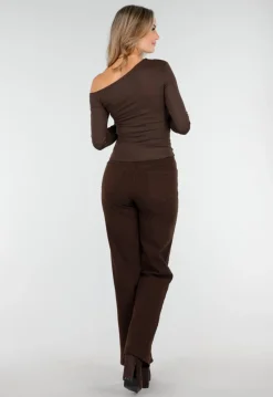 Bruine One Shoulder Top met Lange Mouwen