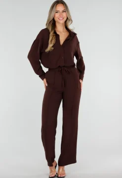 Bruine Oversized Blouse met Lange Mouwen en Knoopsluiting